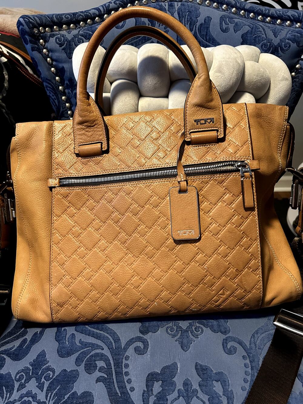 Vintage Tumi Camel Tan Leather Signature Embossed Tote
